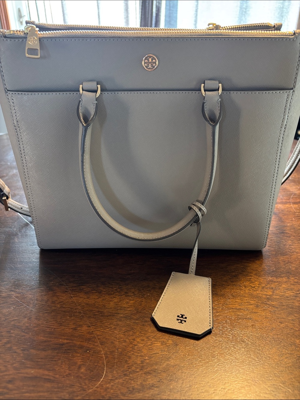 Tory Burch Saffiano Tote in Light Gray with Gold Hardware